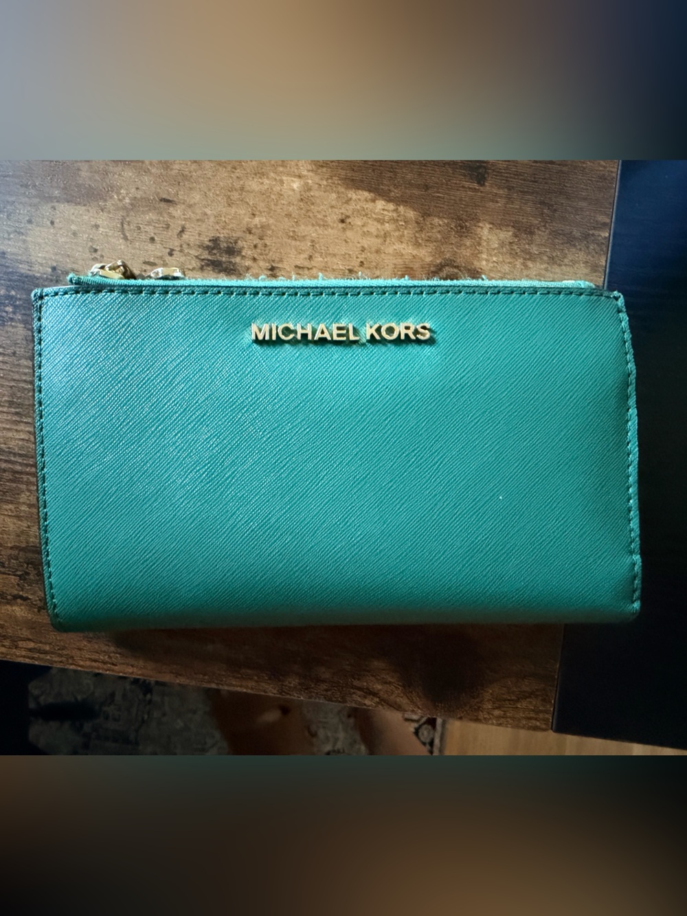 Michael Kors Teal Saffiano Zip-Around Wallet with Gold Hardware